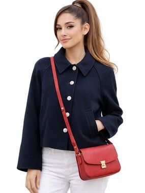 J. Crew Dark Blue Cropped wool-blend swing coat gold sculptural buttons.